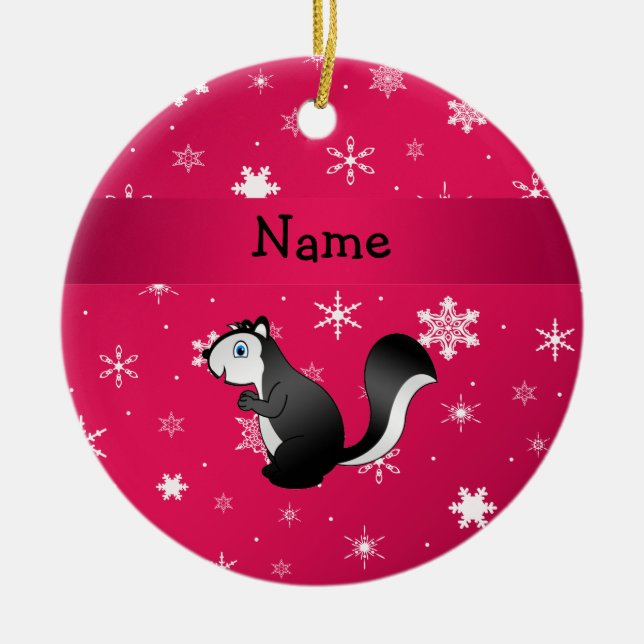Personalized name skunk pink snowflakes ceramic ornament (Front)