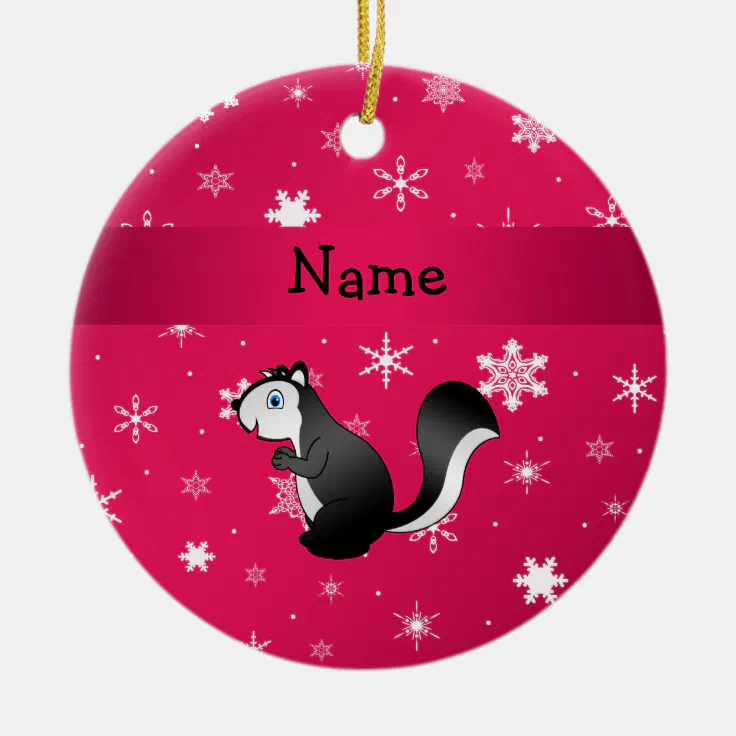 Personalized name skunk pink snowflakes ceramic ornament | Zazzle