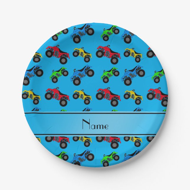 Personalized name sky blue atv pattern paper plates (Front)