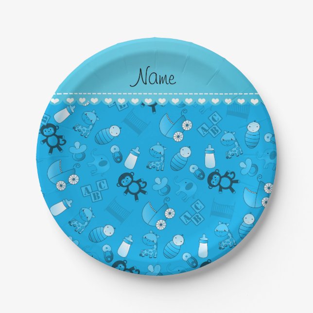 Personalized name sky blue baby animals paper plates (Front)