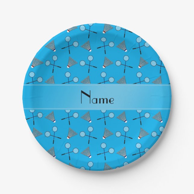 Personalized name sky blue badminton paper plates (Front)