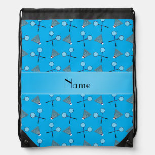 Personalized name sky blue badminton pattern drawstring bag