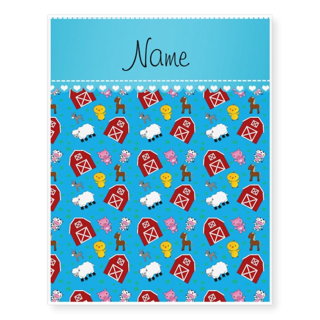 Personalized name sky blue barn animals temporary tattoos (Front)