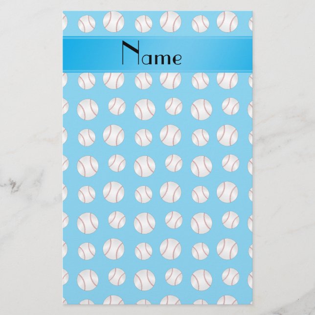 Personalized name sky blue baseballs pattern stationery (Front)