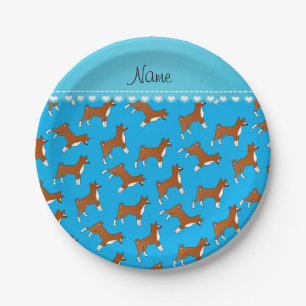 Personalized name sky blue basenji dogs paper plates
