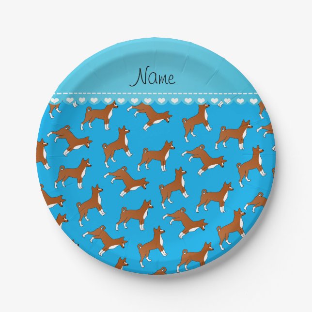 Personalized name sky blue basenji dogs paper plates (Front)