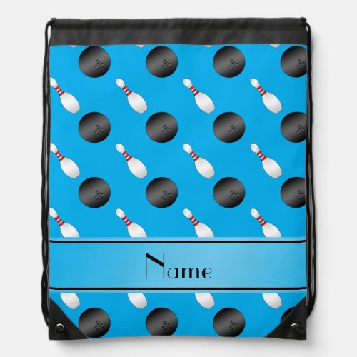 Personalized name sky blue bowling balls pins drawstring bag