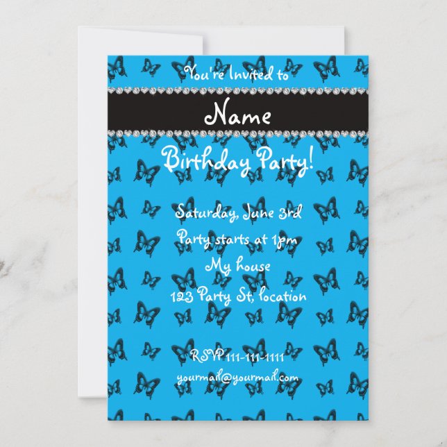 Personalized name sky blue butterfly pattern invitation (Front)