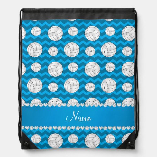 Personalized name sky blue chevrons volleyballs drawstring bag