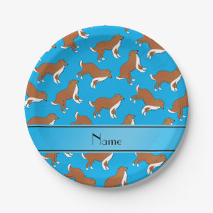 Personalized name sky blue collie dog pattern paper plates