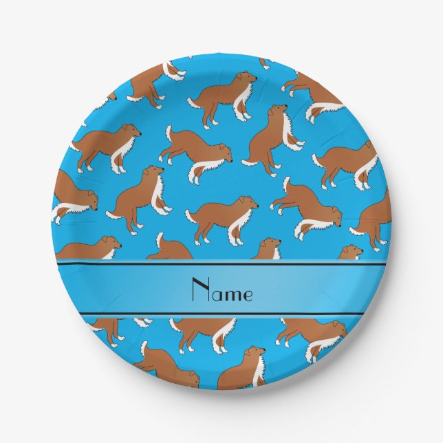 Personalized name sky blue collie dog pattern paper plates (Front)