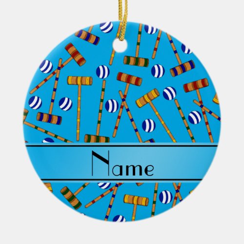 Personalized name sky blue croquet pattern ceramic ornament