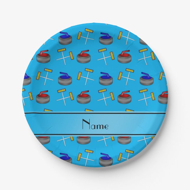 Personalized name sky blue curling pattern paper plates (Front)
