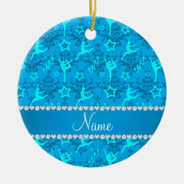 Personalized name sky blue damask gymnastics ceramic ornament (Front)