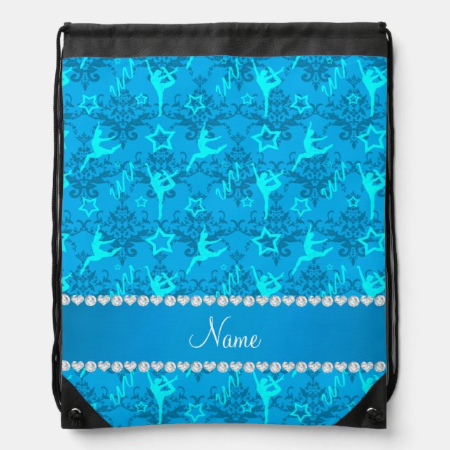 Personalized name sky blue damask gymnastics drawstring bag (Front)