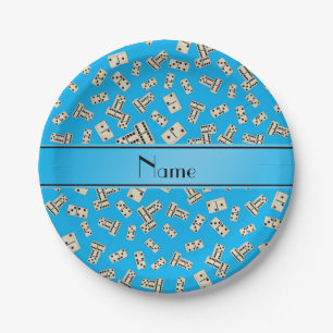 Personalized name sky blue dominos paper plates