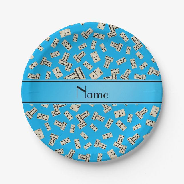 Personalized name sky blue dominos paper plates (Front)