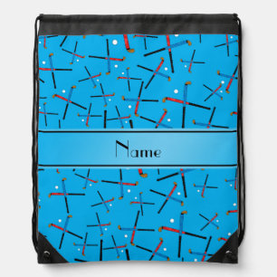 Personalized name sky blue field hockey pattern drawstring bag