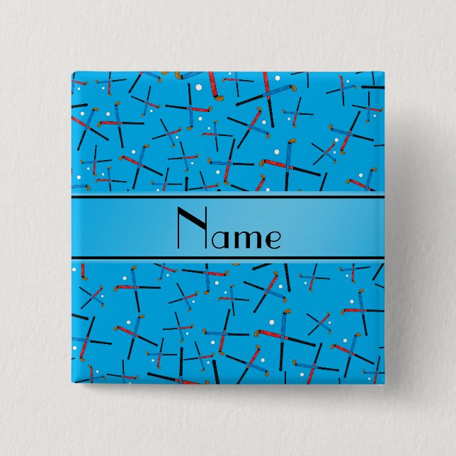 Personalized name sky blue field hockey pattern pinback button (Front)