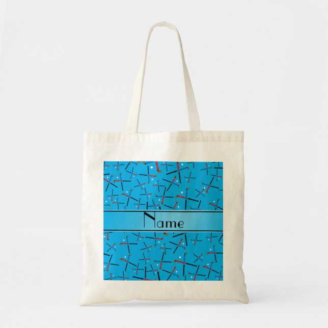 Personalized name sky blue field hockey pattern tote bag (Front)