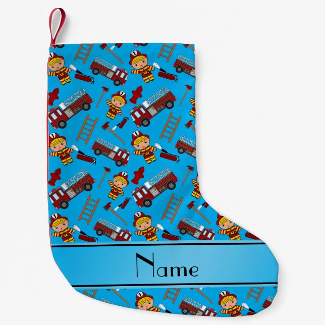 Personalized name sky blue firemen trucks ladders small christmas stocking (Front)