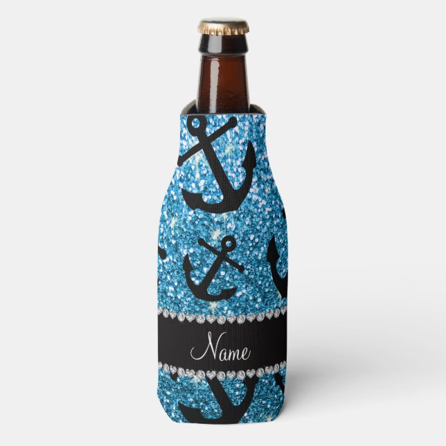 Personalized name sky blue glitter anchors bottle cooler (Bottle Front)
