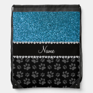 Personalized name sky blue glitter black paws drawstring bag