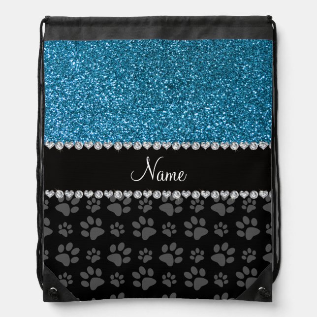 Personalized name sky blue glitter black paws drawstring bag (Front)