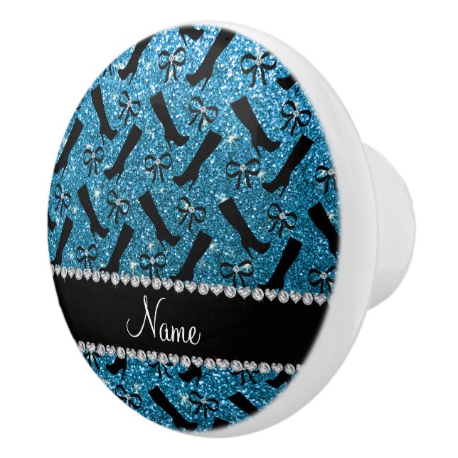 Personalized name sky blue glitter boots bows ceramic knob (Right)