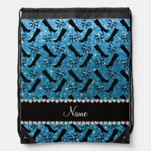 Personalized name sky blue glitter boots bows drawstring bag