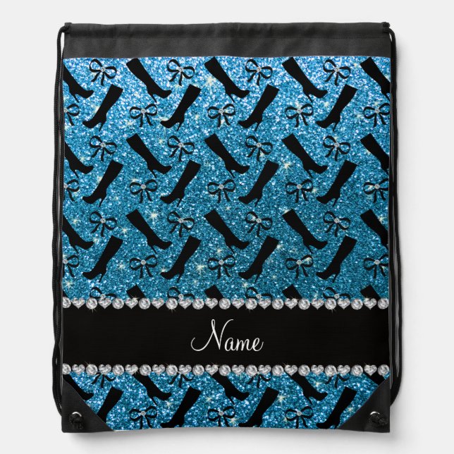 Personalized name sky blue glitter boots bows drawstring bag (Front)