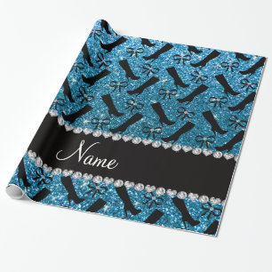 Personalized name sky blue glitter boots bows wrapping paper