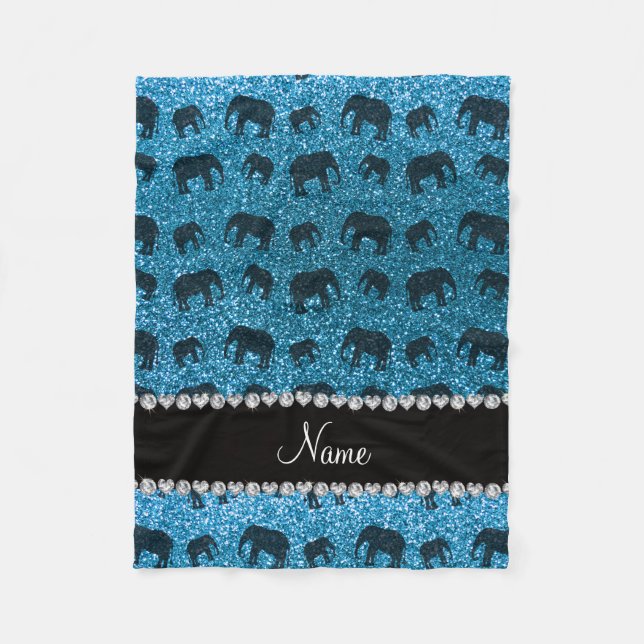 Personalized name sky blue glitter elephants fleece blanket (Front)