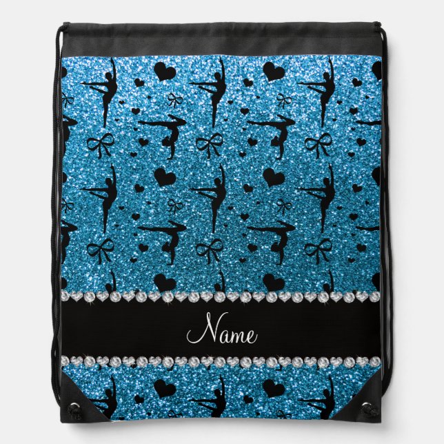 Personalized name sky blue glitter gymnastics drawstring bag (Front)