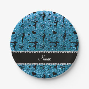 Personalized name sky blue glitter gymnastics paper plates