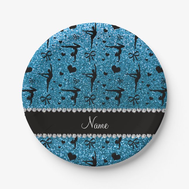 Personalized name sky blue glitter gymnastics paper plates (Front)