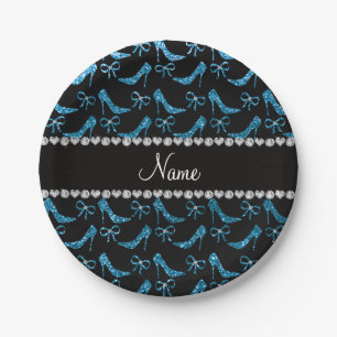 Personalized name sky blue glitter high heels bow paper plates