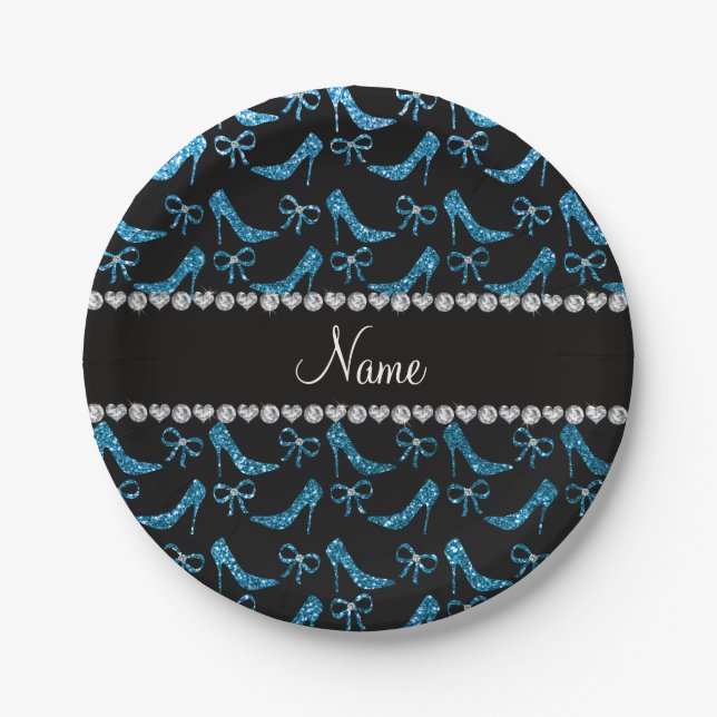Personalized name sky blue glitter high heels bow paper plates (Front)