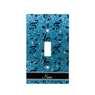 Personalized name sky blue glitter music notes light switch cover