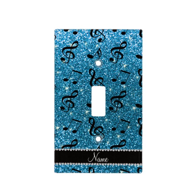 Personalized name sky blue glitter music notes light switch cover (Front)
