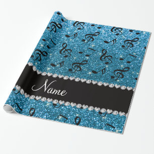 Personalized name sky blue glitter music notes wrapping paper