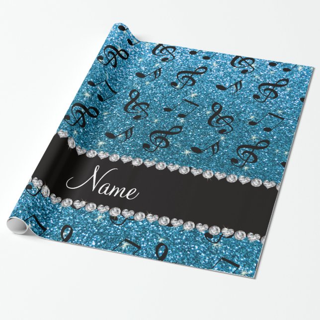 Personalized name sky blue glitter music notes wrapping paper (Unrolled)