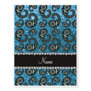 Personalized name sky blue glitter paisley temporary tattoos