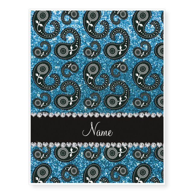 Personalized name sky blue glitter paisley temporary tattoos (Front)