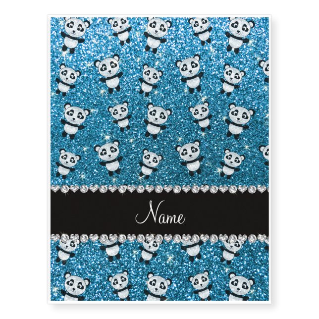 Personalized name sky blue glitter pandas temporary tattoos (Front)