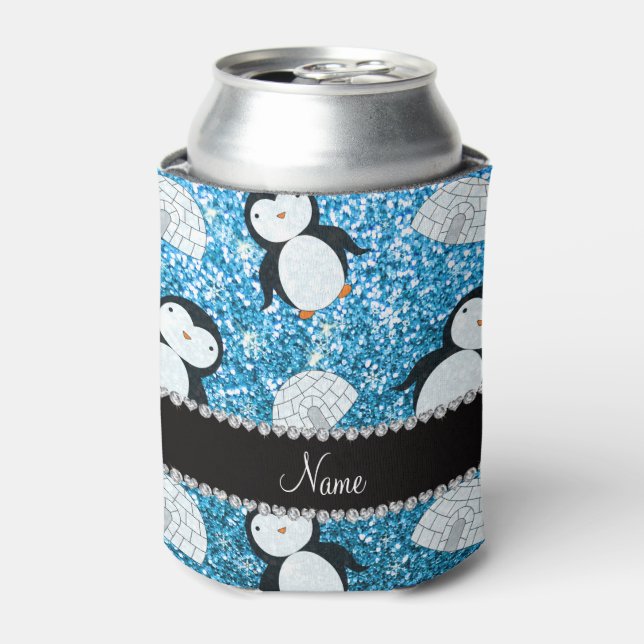 Personalized name sky blue glitter penguins igloos can cooler (Can Front)