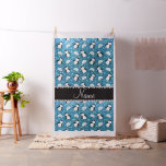 Personalized name sky blue glitter penguins igloos fabric