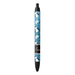 Personalized name sky blue glitter penguins igloos pen