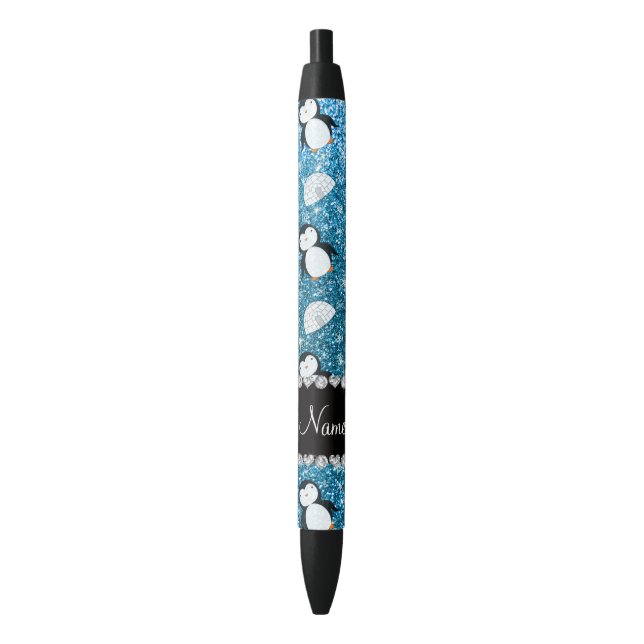 Personalized name sky blue glitter penguins igloos pen (Front Vertical)