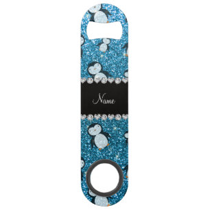 Personalized name sky blue glitter penguins speed bottle opener